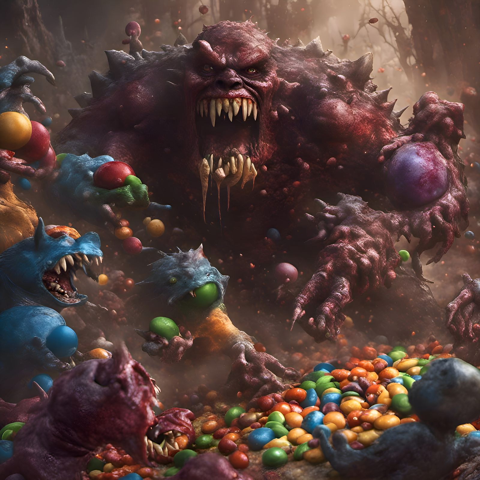 Deranged monster skittles savagely eating innocent m&ms