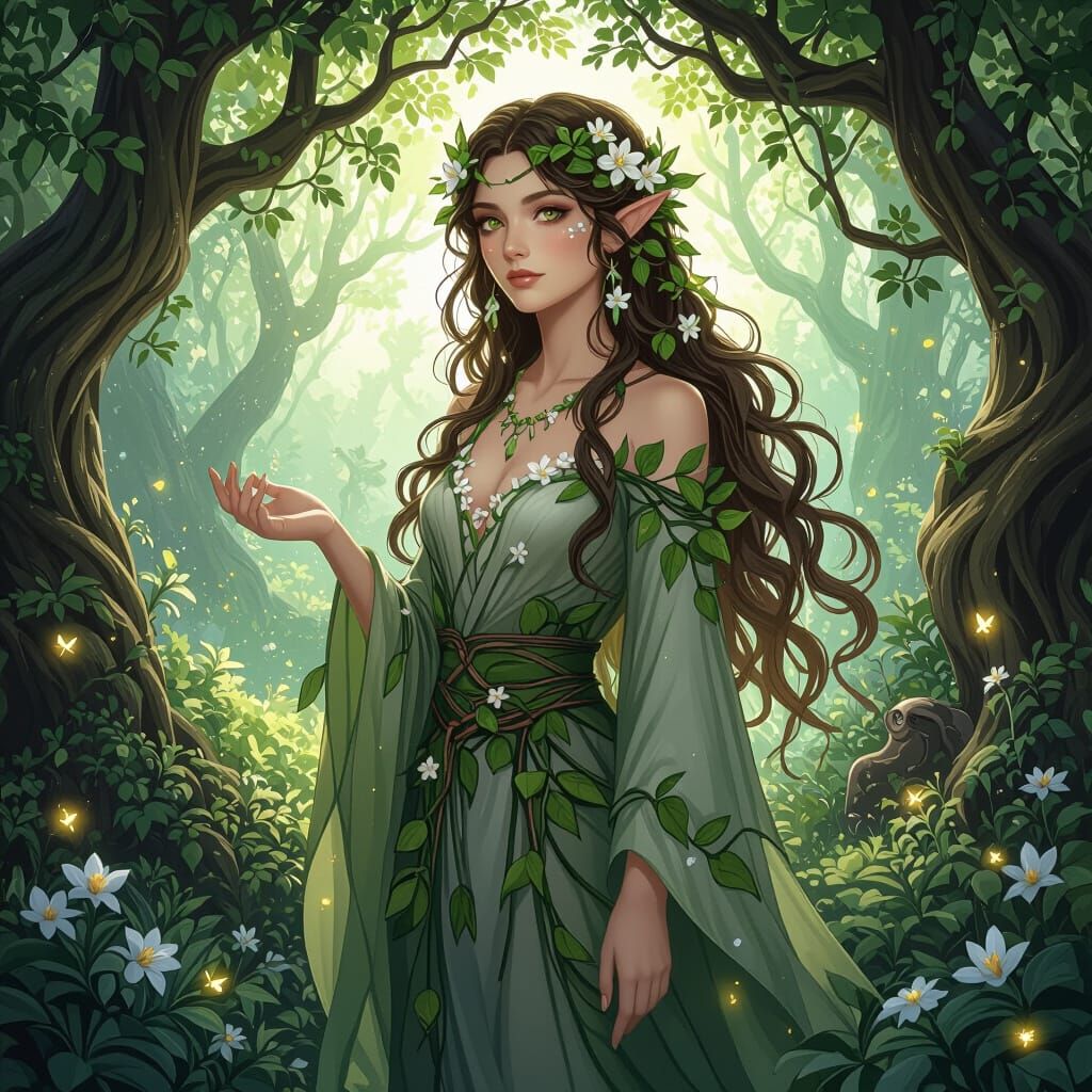 Ethereal Forest Spirit in Enchanted Grove, Digital Art