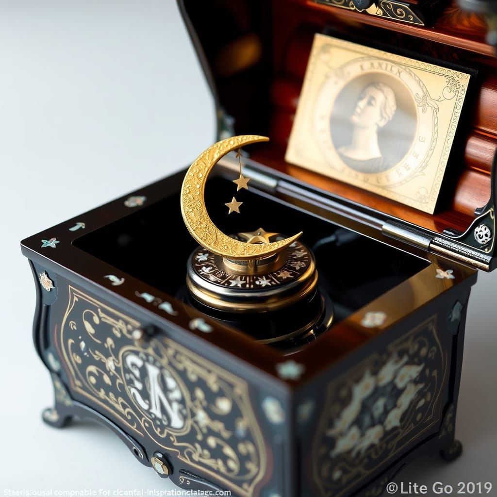Ornate Celestial Music Box with Ebony and Mother-of-Pearl
