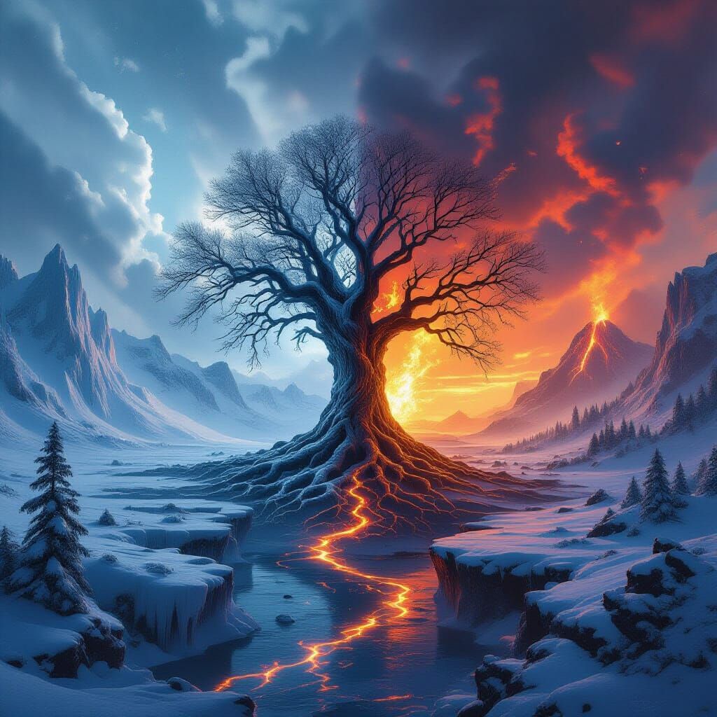 Frozen Tundra Meets Fiery Wasteland Around Ancient Tree