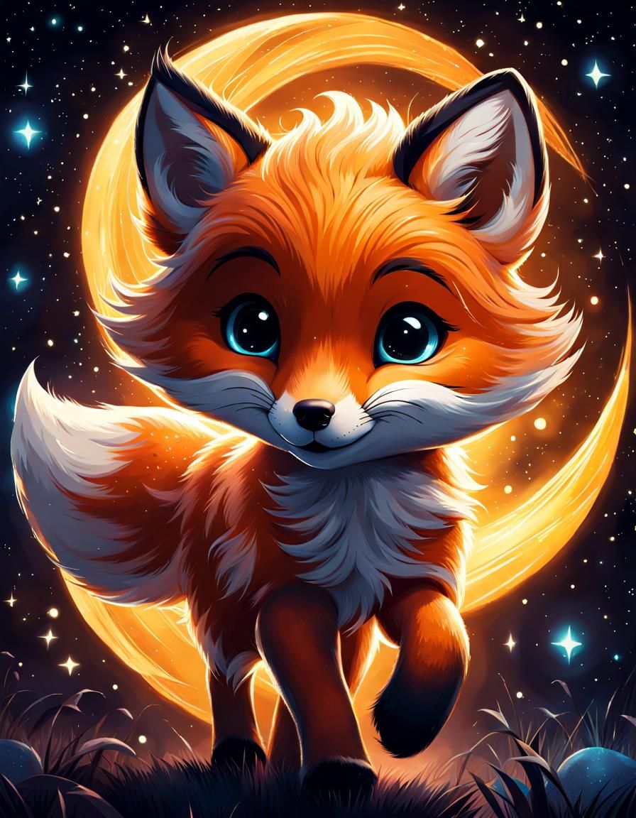 Adorable Fox Cub Runs Under Starry Sky