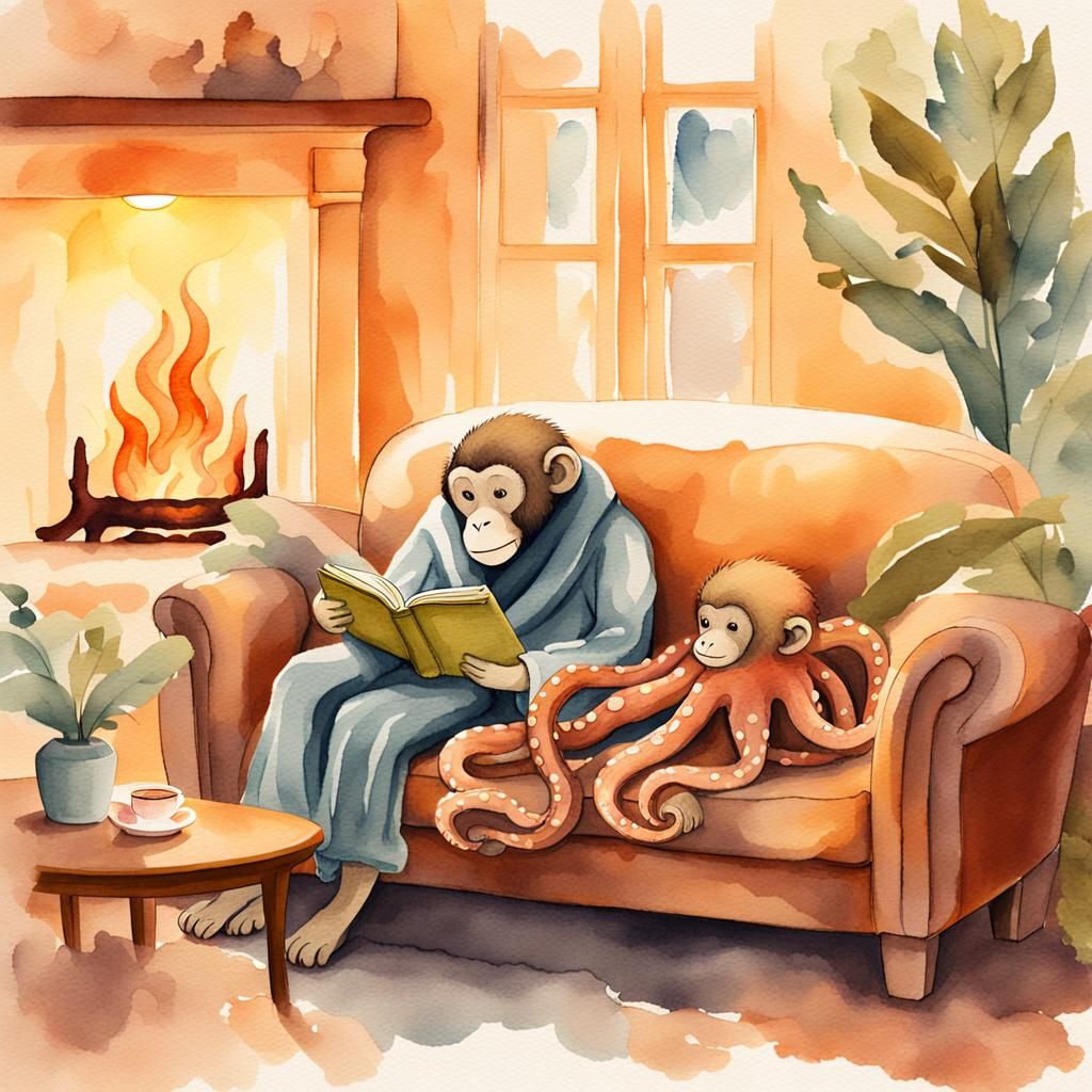 Monkey and Octopus Reading Together in Watercolor