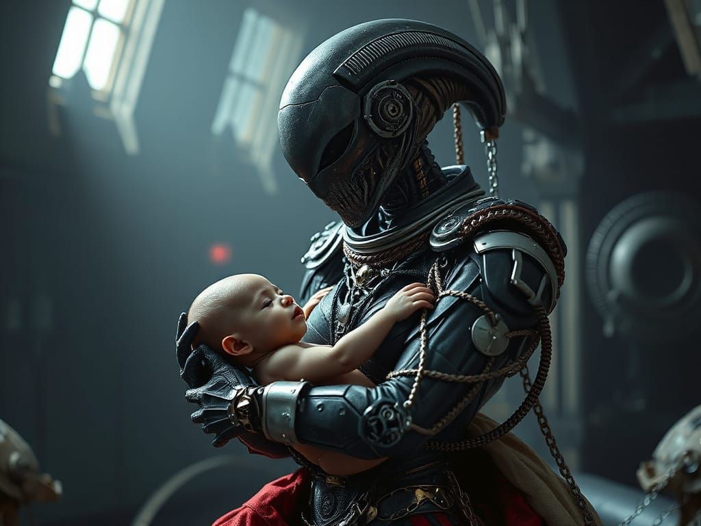 Cybernetic Mummy Goddess in Dark, Futuristic Landscape