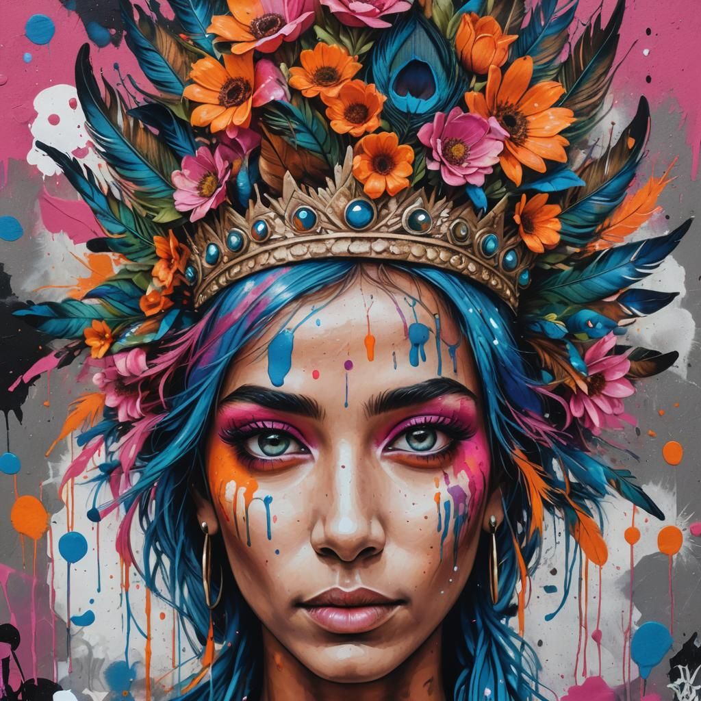 Vibrant Street Art Portrait of Woman with Peacock Feathers