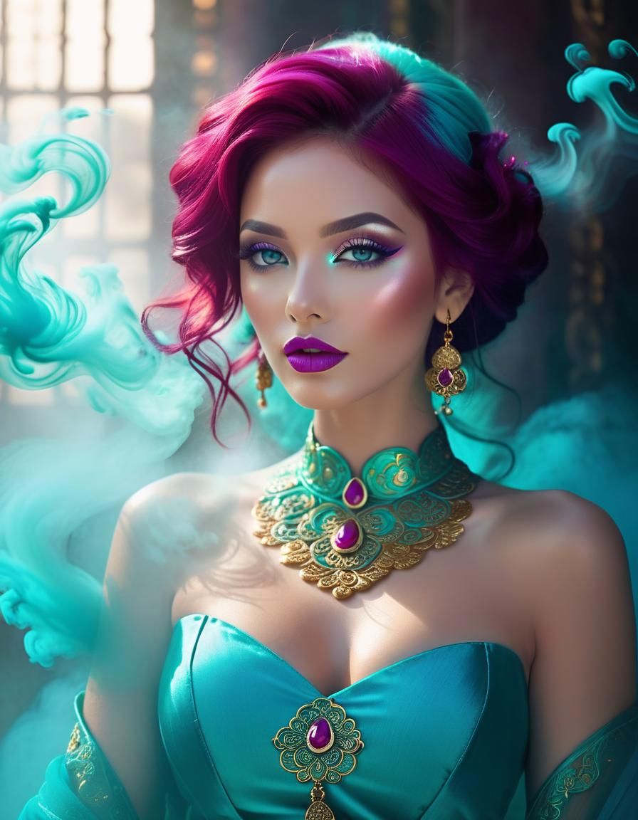 Ethereal Woman with Magenta Hair and Turquoise Eyes