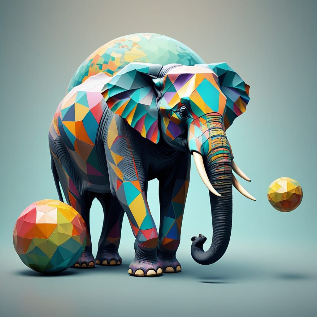 Neo-Cubist Elephant Adorns a Luxurious Globe