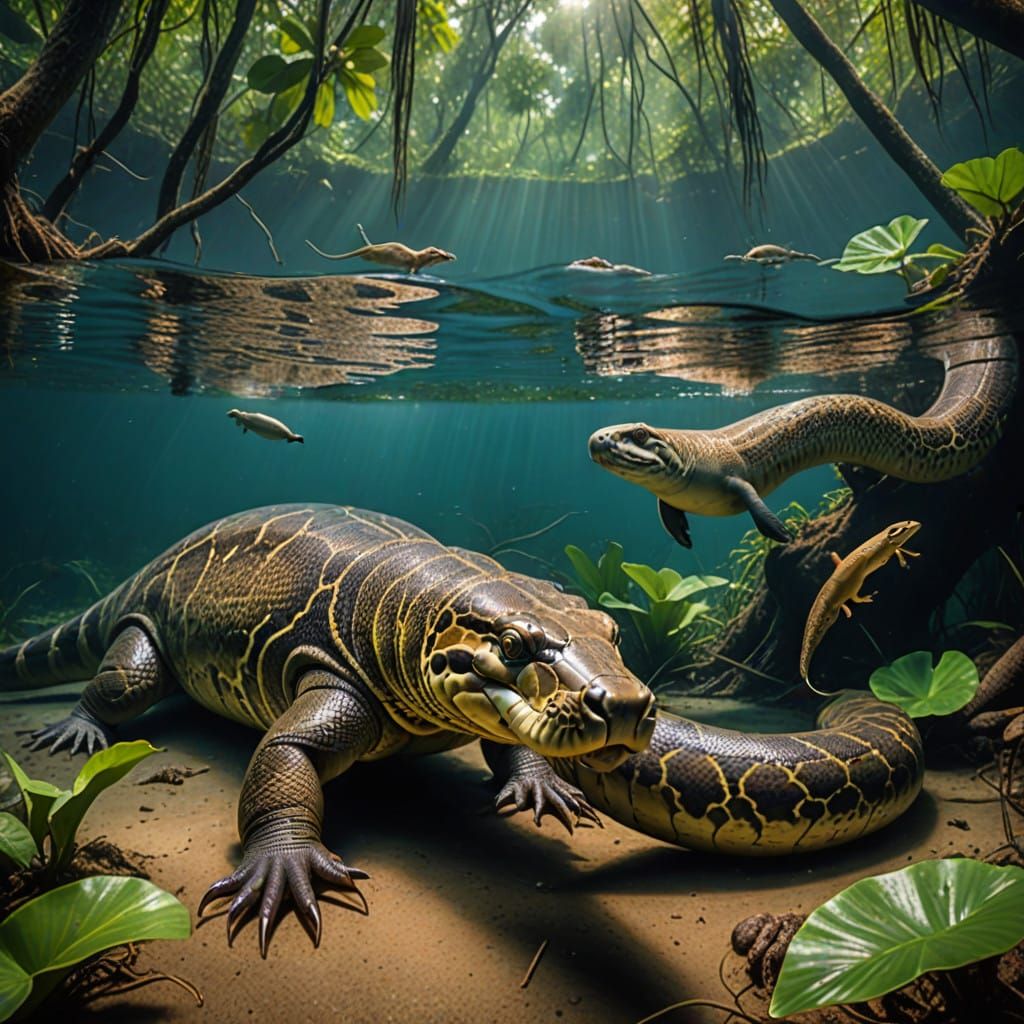 Anaconda Hunting Capybara Underwater in Amazon, Hyperdetaile...