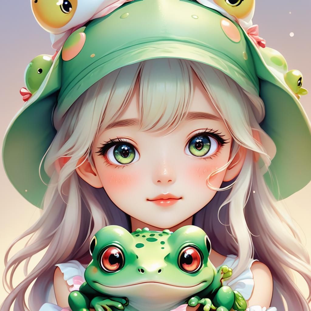 Cute Anime Girl with Frog Hat in Moe Style