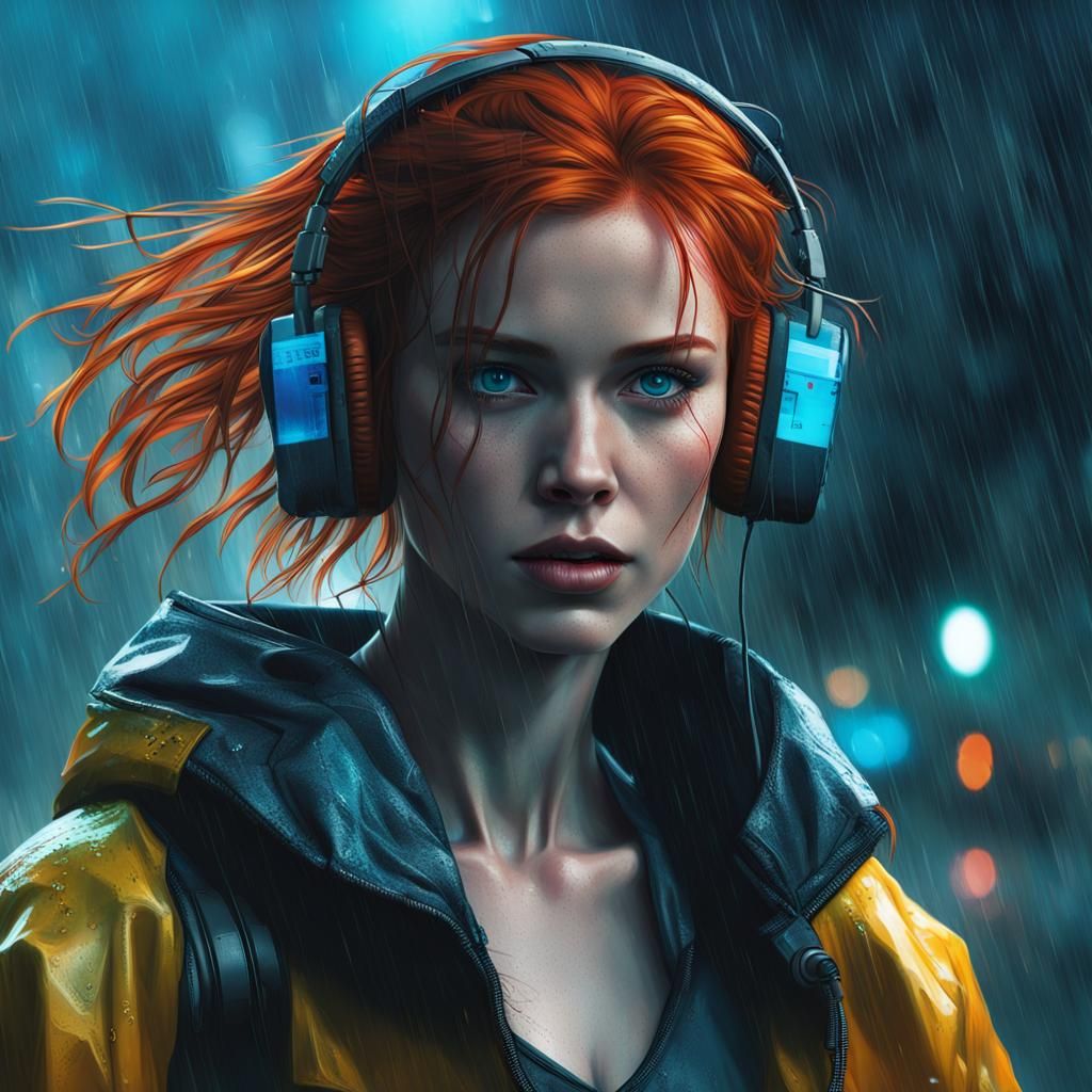 Redhead Woman Running in Rainy Cyberpunk Scene
