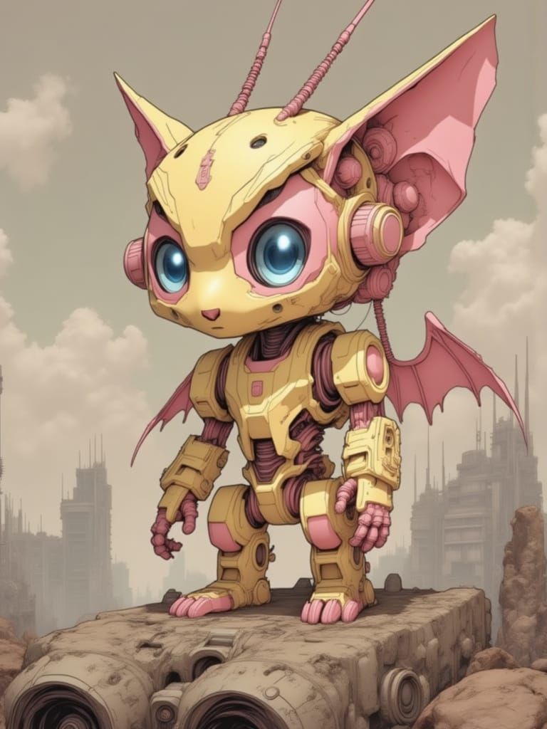 Chibi Robot Space Kitten in Cyberpunk Comic Book Style