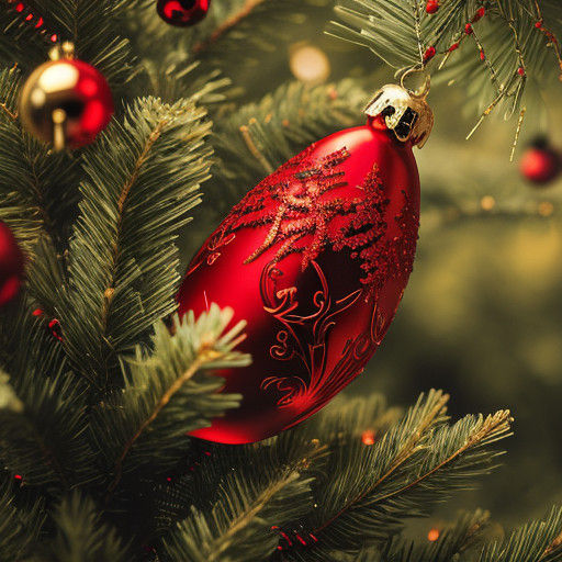 Vibrant Red Ornaments on a Lush Winter Tree, Captured in Cin...