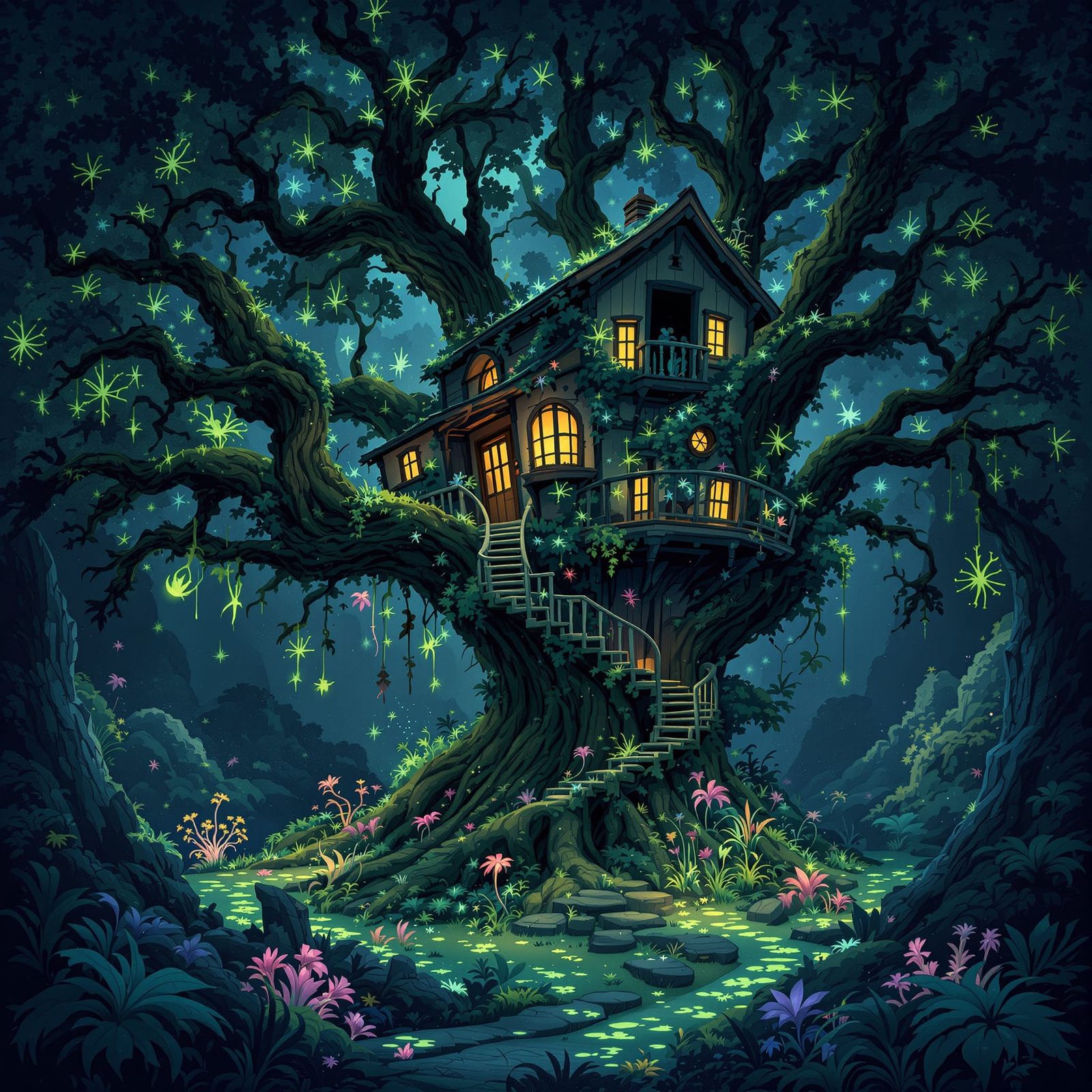 Overgrown Treehouse in Mystical Bioluminescent Forest