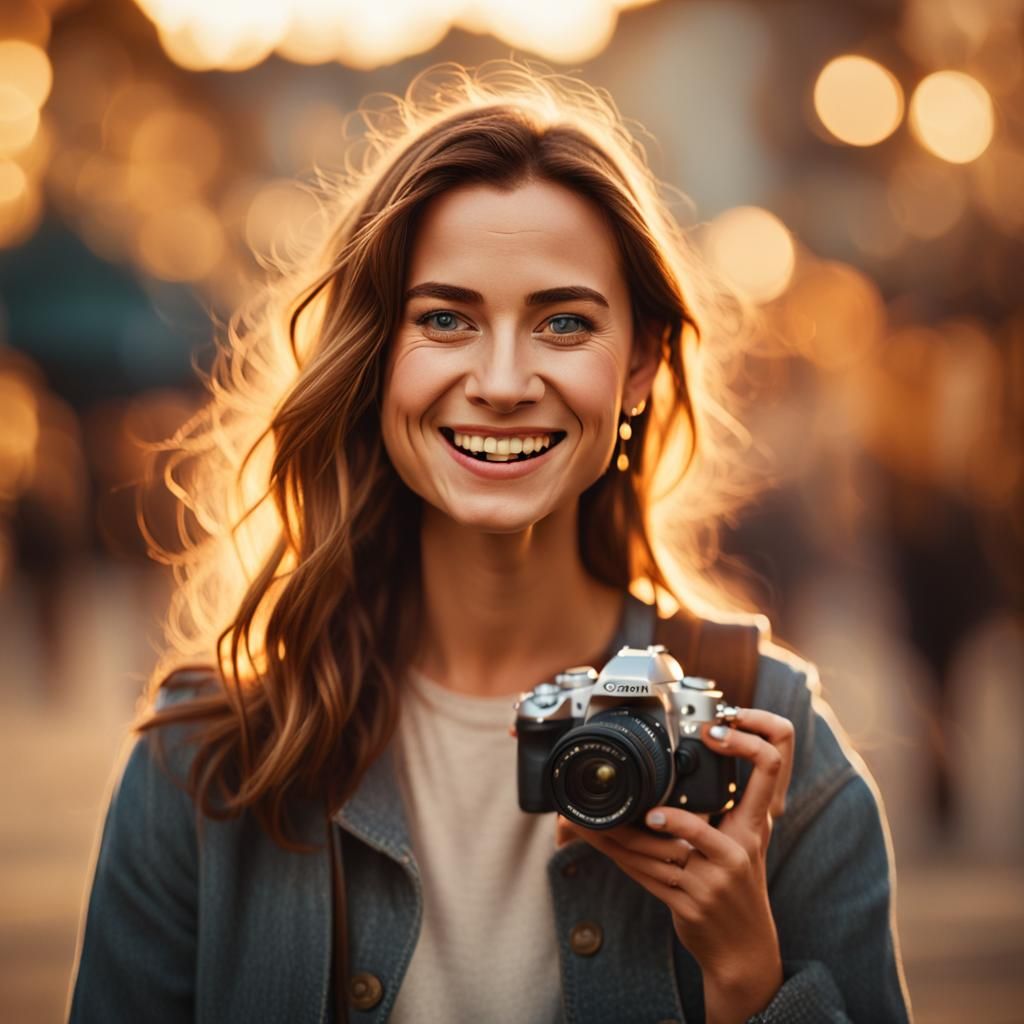 Excited Woman Holding Camera in Golden Hour Lighting