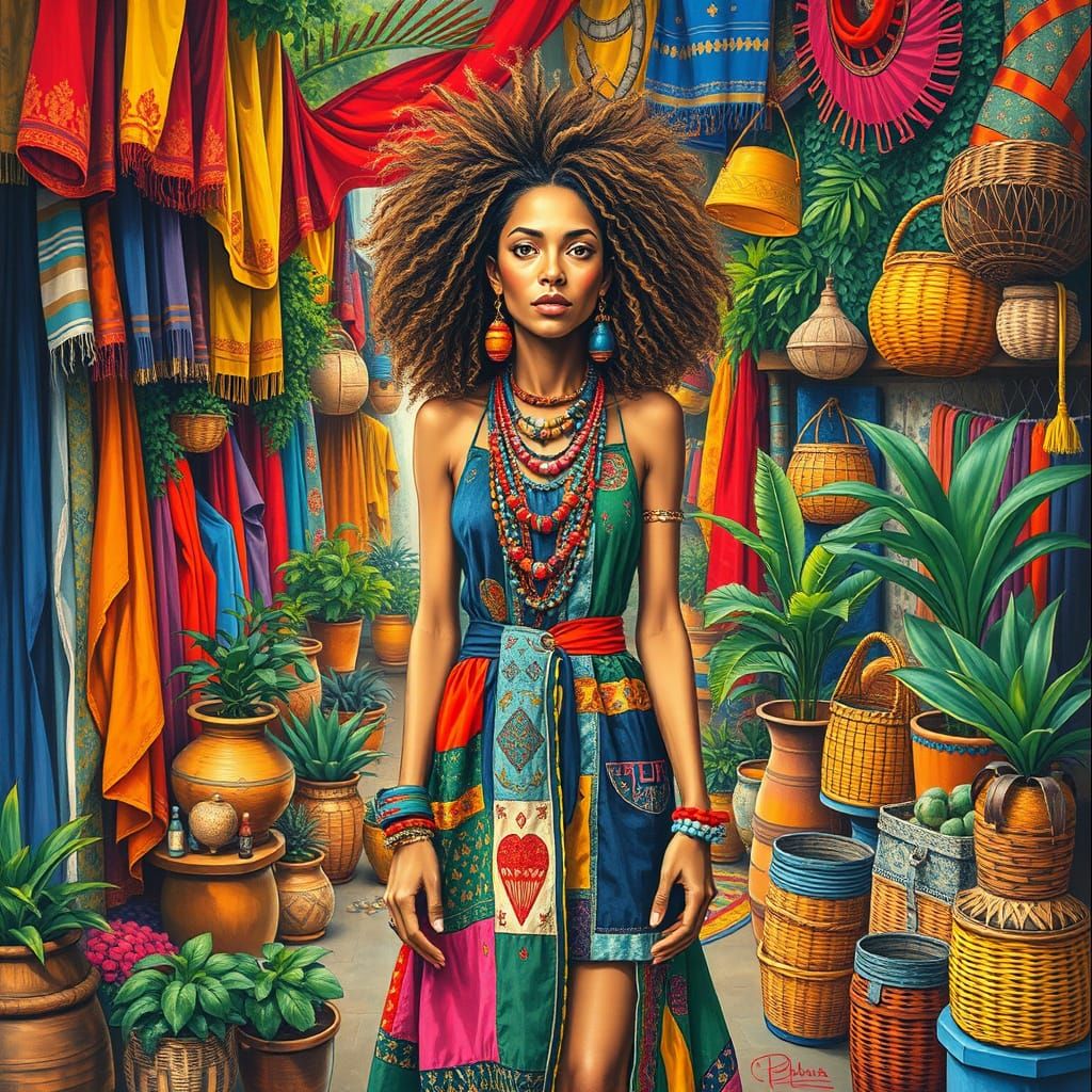 Vibrant Woman in Exotic Marketplace, Inspired by CoBrA Group
