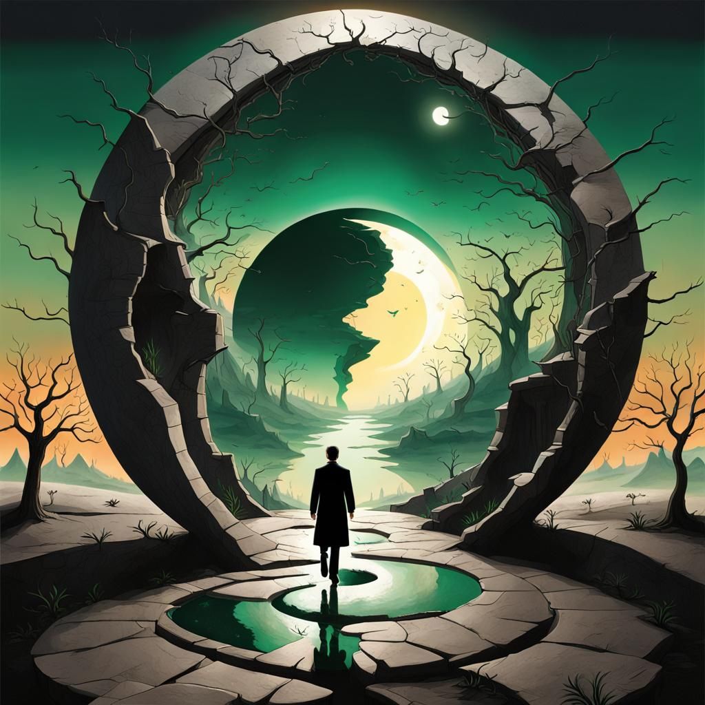 Cracked Tri-Circular World with Emeralds and Silhouette