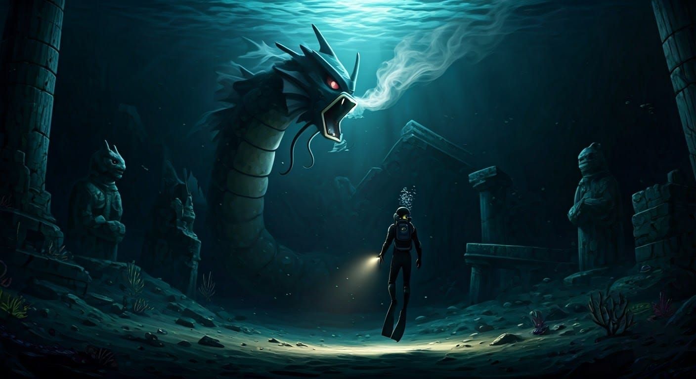 Ancient Gyarados Leviathan in the Black Ocean Abyss
