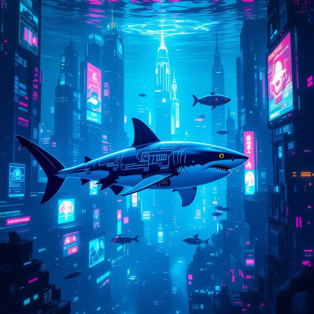 Futuristic Cyberpunk Shark in Underwater Cityscape