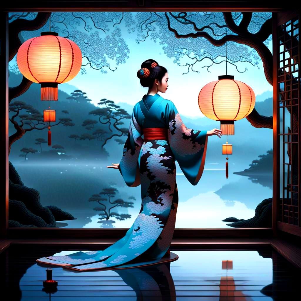 Bioluminescent Gold Geisha in Tea Room with Lake View