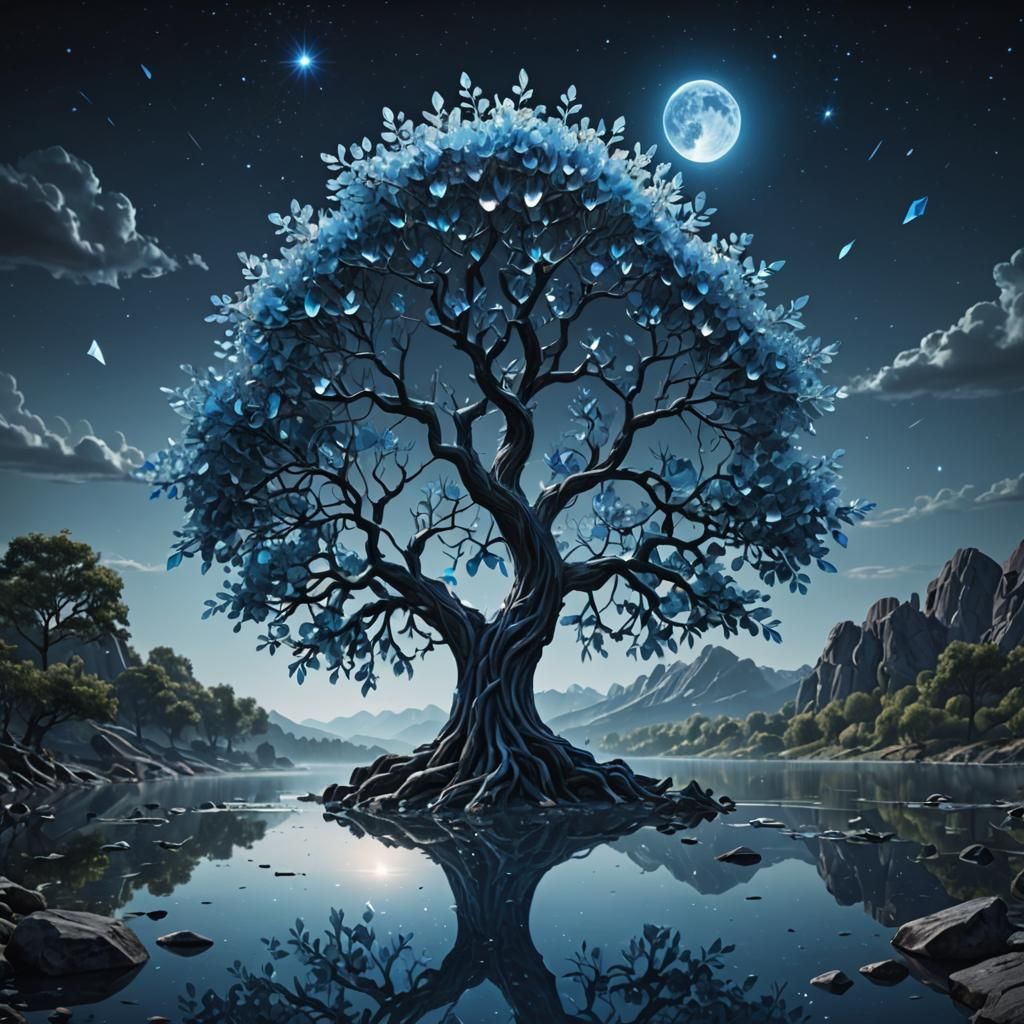 Blue Crystal Tree Under Full Moon