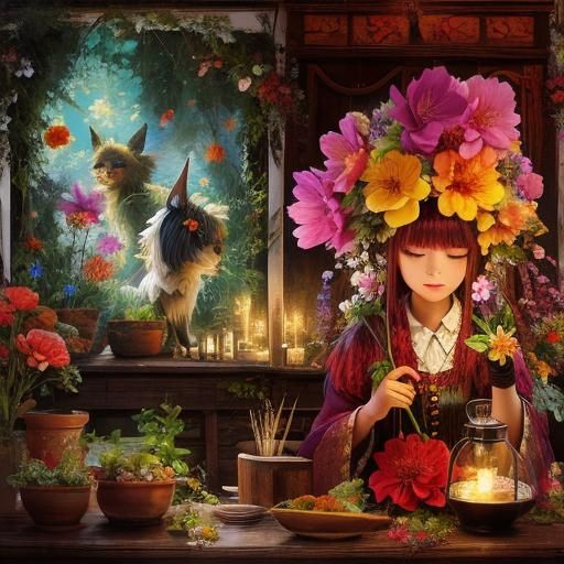 Enchanting Flower Witch in Magical Garden