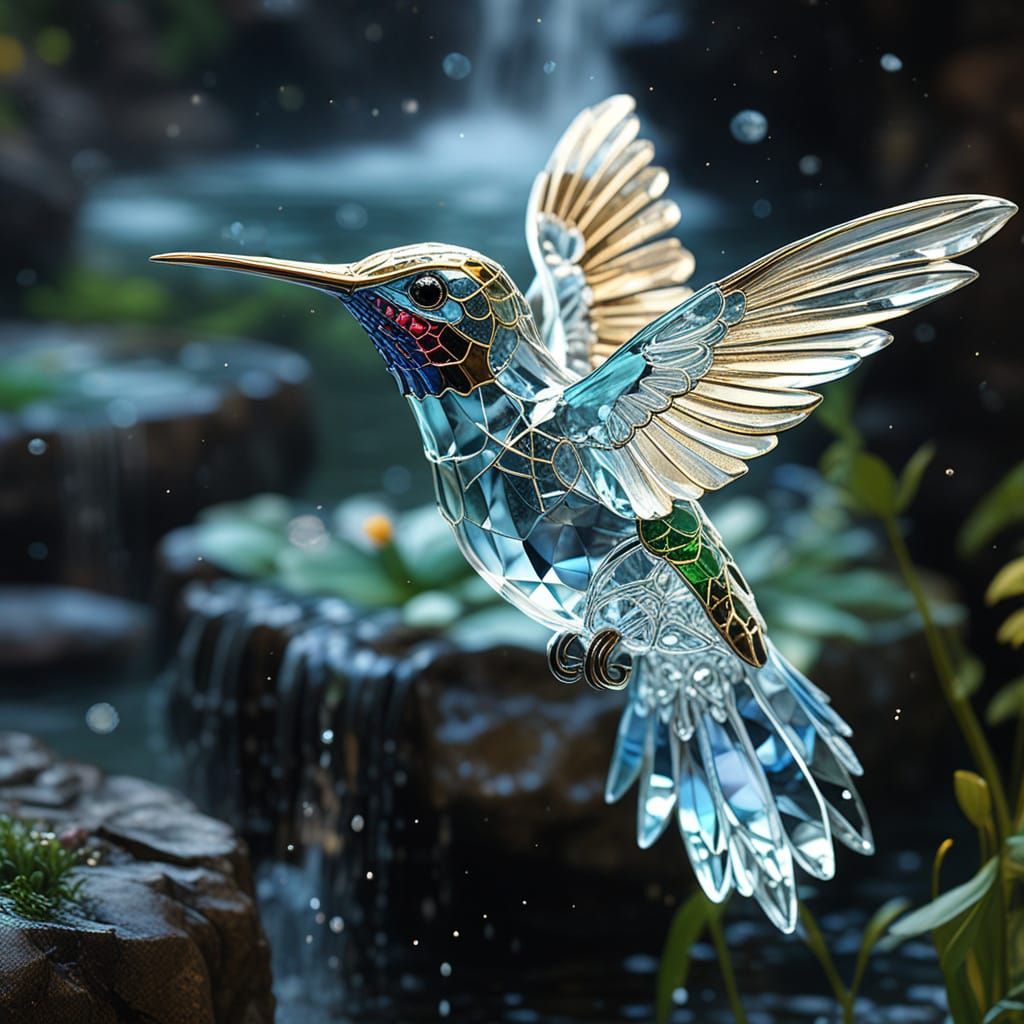 Fantasy art a hummingbird filigree made from water.