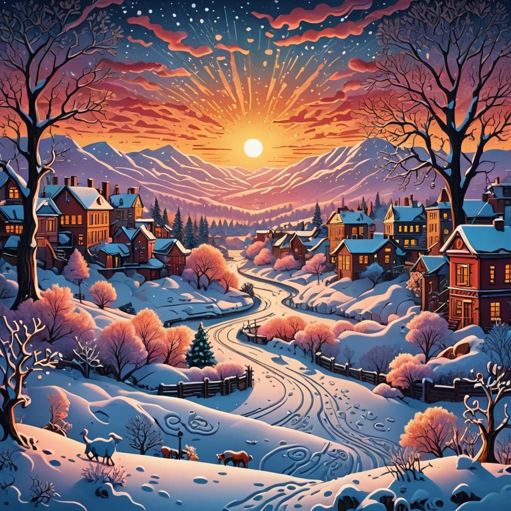 Vibrant Sunset Over Snowy Landscape in Bold Style