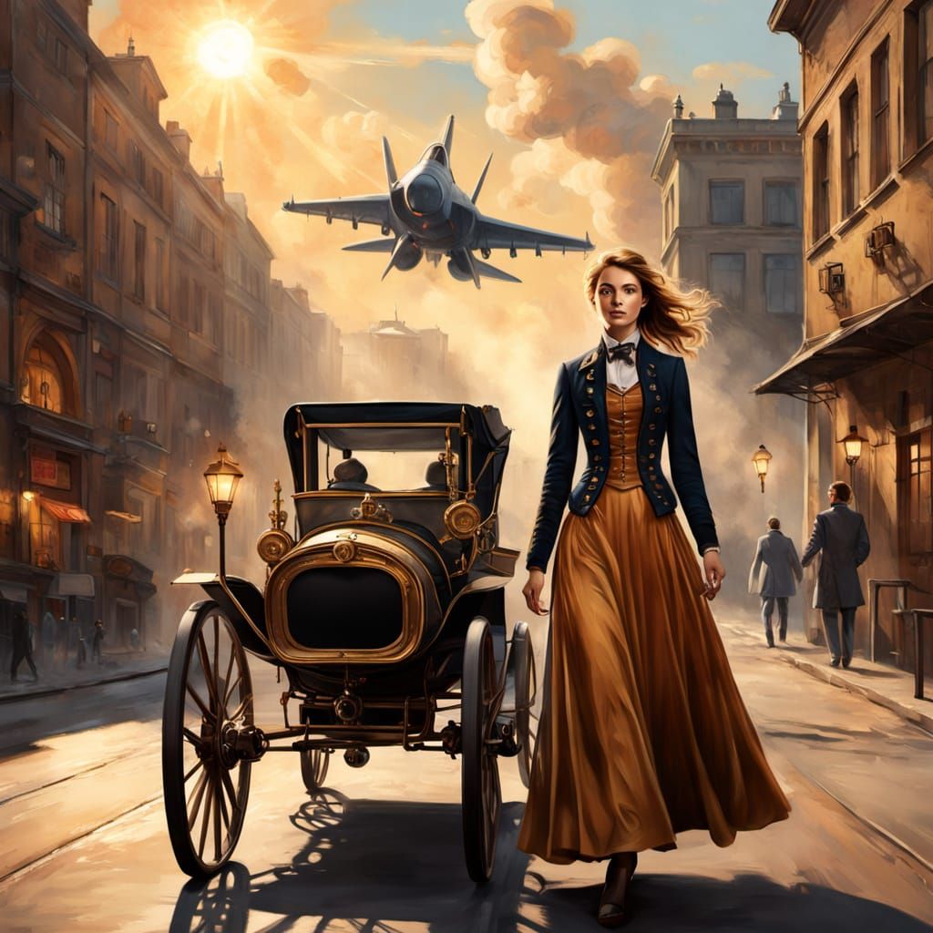 Steampunk Woman in Old City Street: Oil Painting