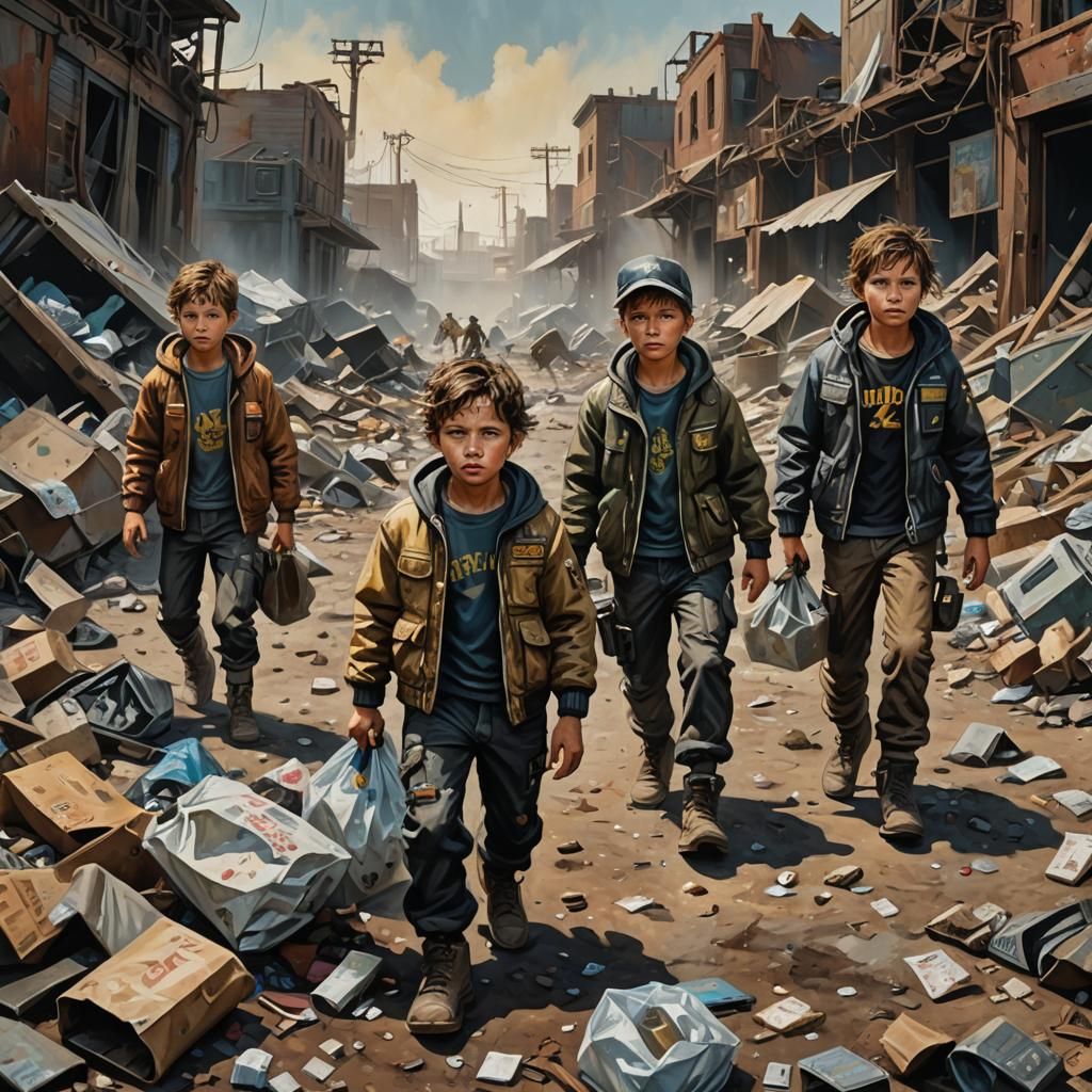 Wasteland Kids Playing: Post-Apocalyptic Acrylic Painting