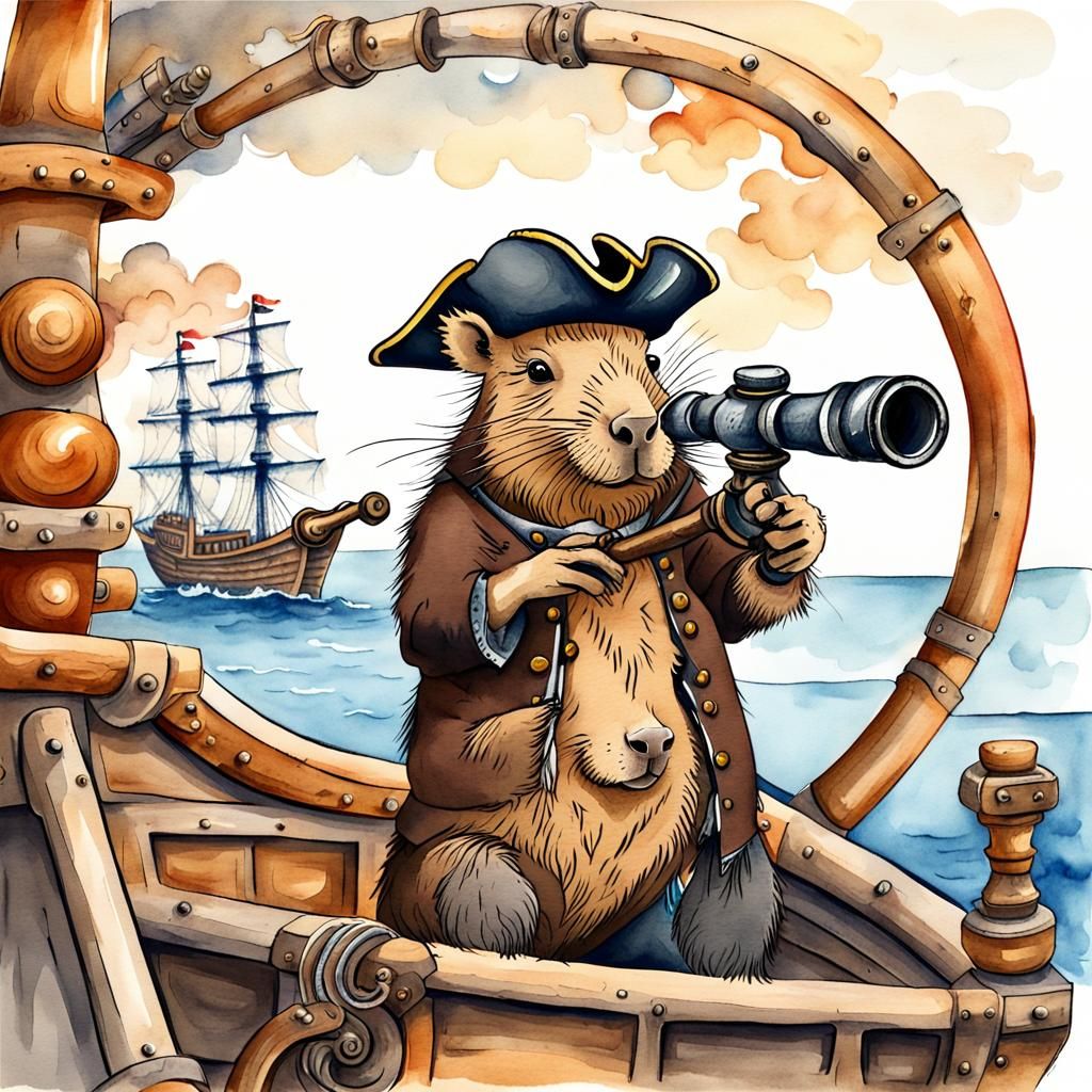 Pirate Capybara on Ship in Japanese Watercolor