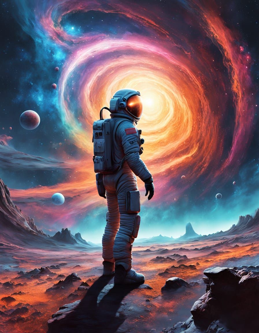 Astronaut on Alien Planet Gazing at Cosmic Nebulae