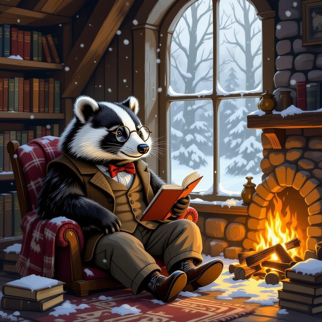 Wise Badger in Cozy Den, Concept Art Style