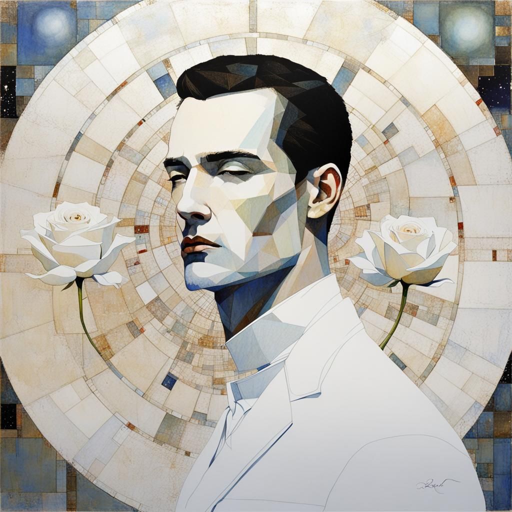 Celestial Male with White Rose: Minimalist Surrealism