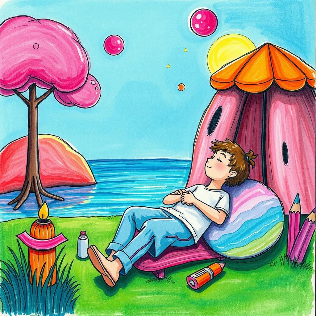Whimsical Scene of Relaxation in Children's Drawing Style