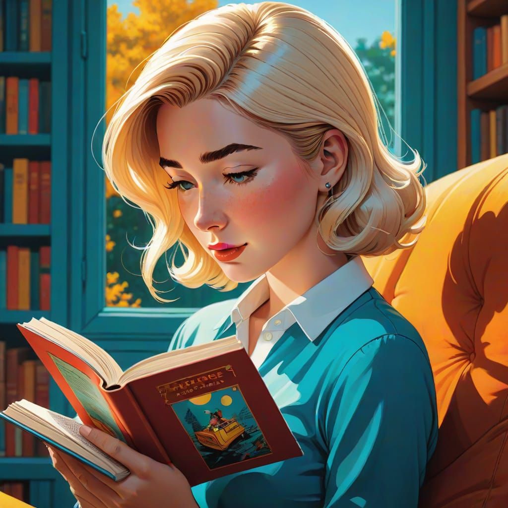 Girl Reading Book in Hergé Style Comic