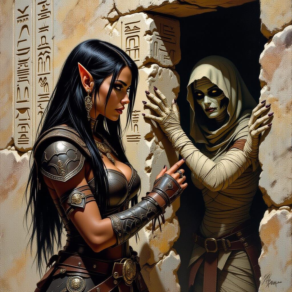Elf Studies Hieroglyphs as Mummy Lurks, Fantasy Oil Painting