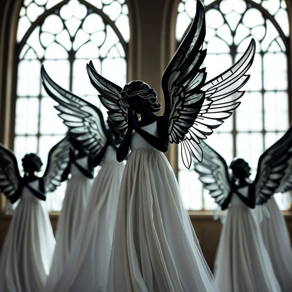 Angelic Figures in White Stained Glass