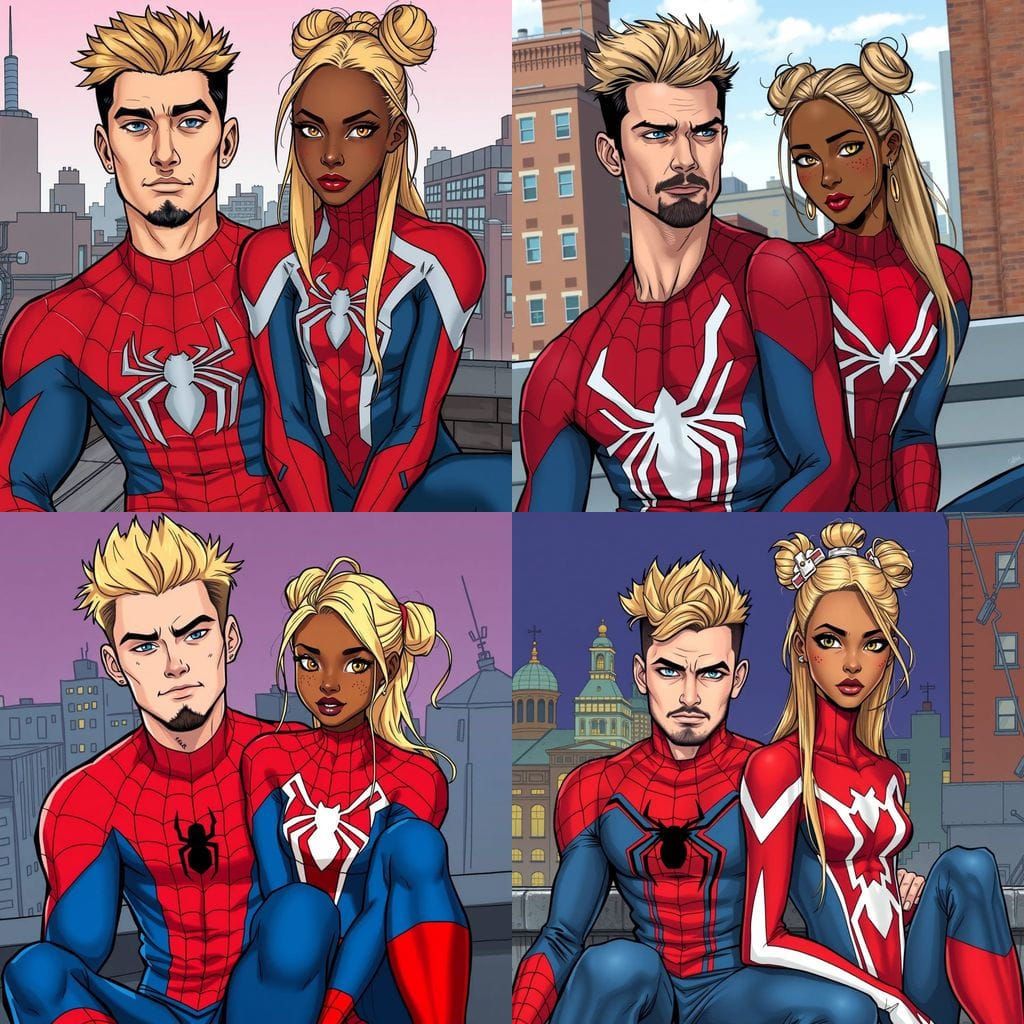 Spider-Man and Spinneret Rooftop Romance in Comic Book Style