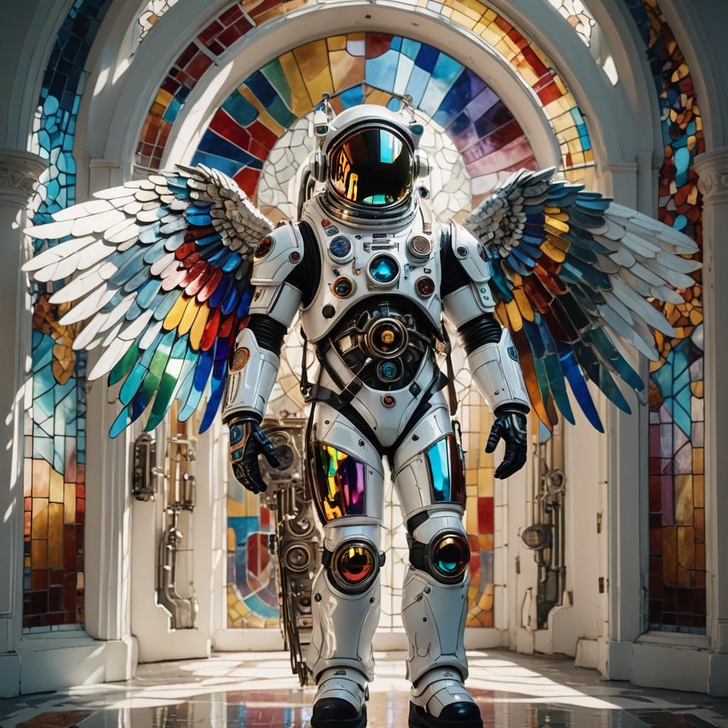 Gothic Biomechanical Astronaut with Stained Glass Wings