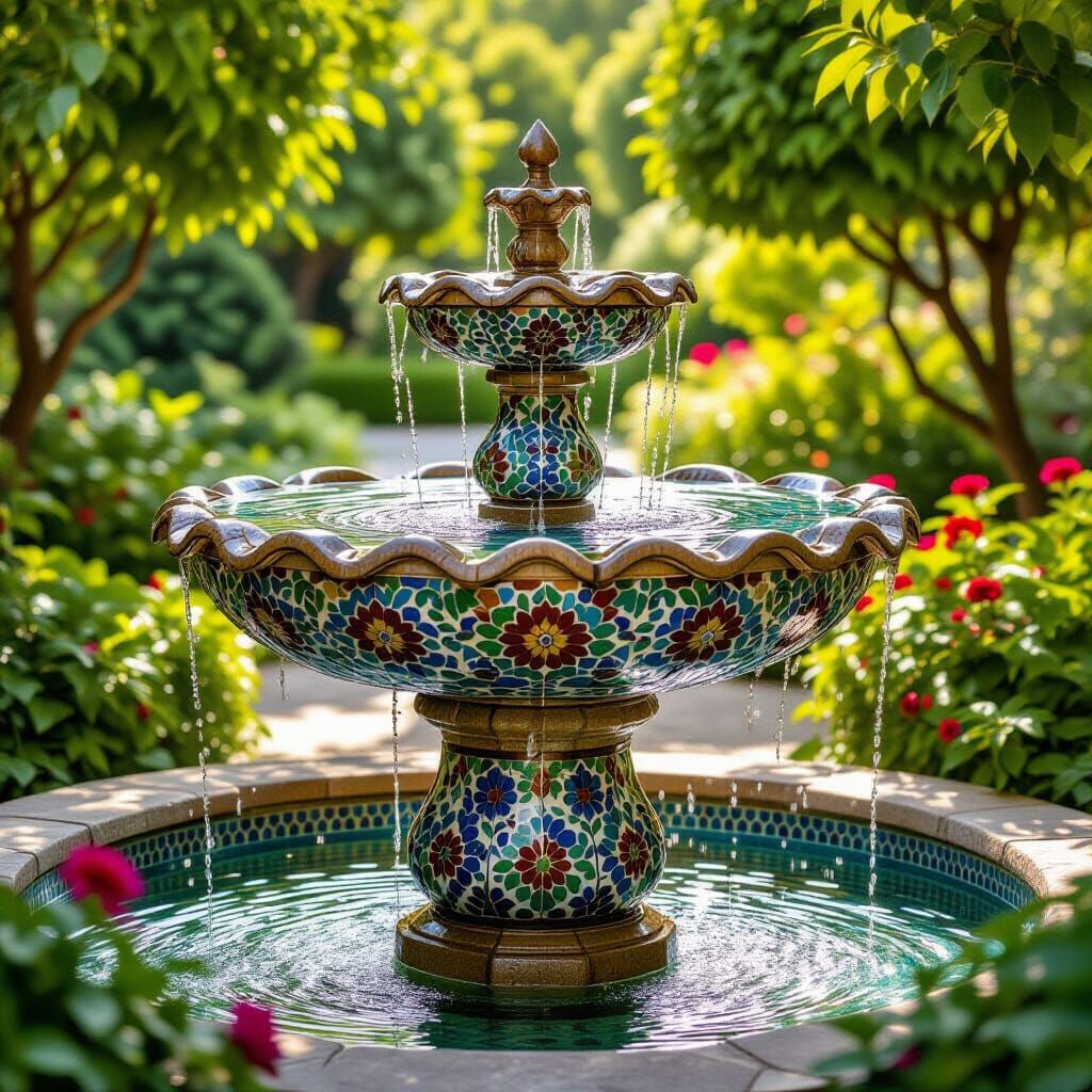 Ancient Stone Fountain with Arabesque Mosaic Tiles