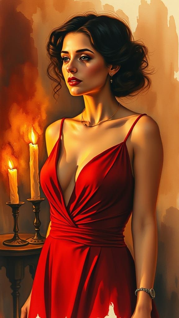 Woman in Red Dress: Romantic Watercolor Painting