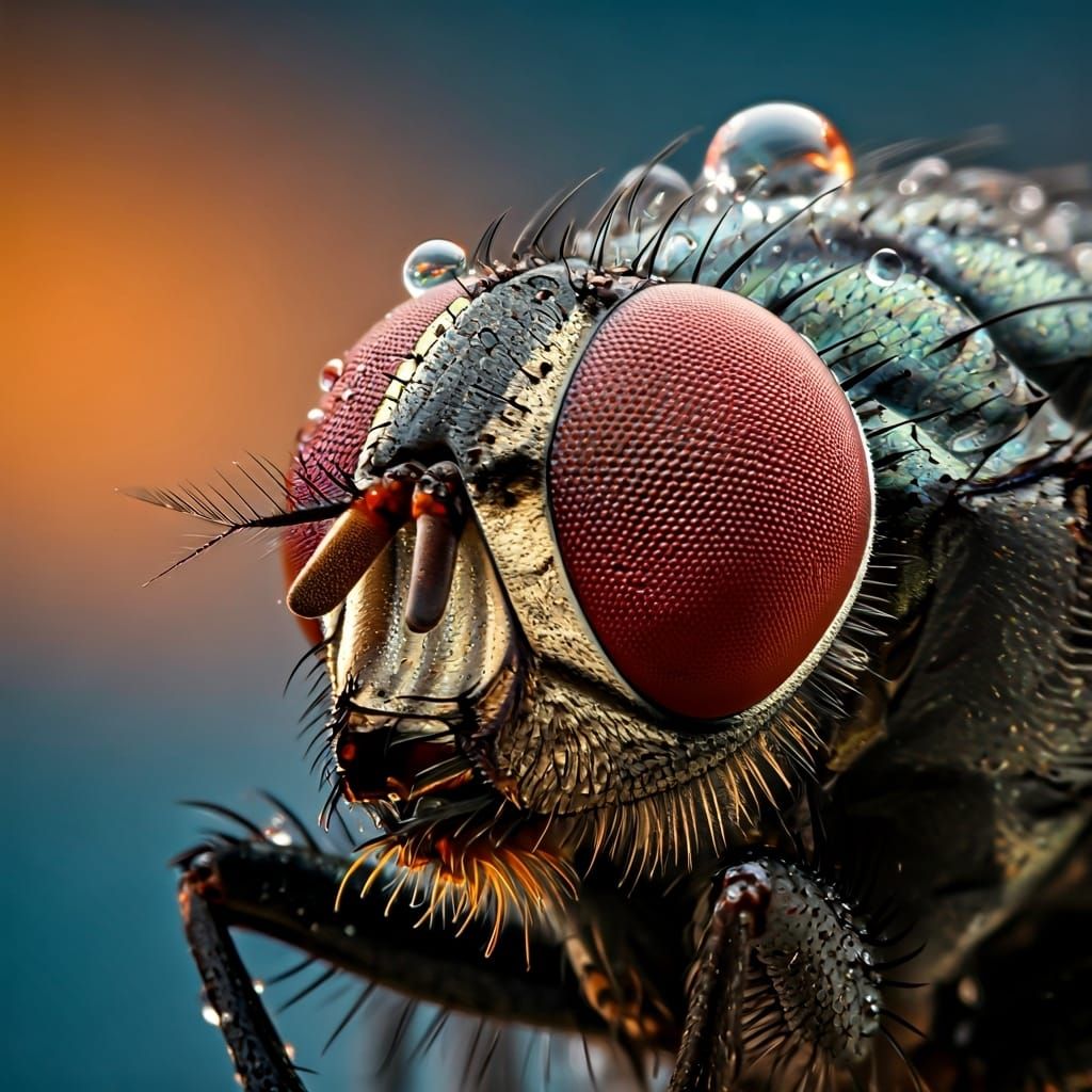Macro Photo of Fly Head with Water Droplets