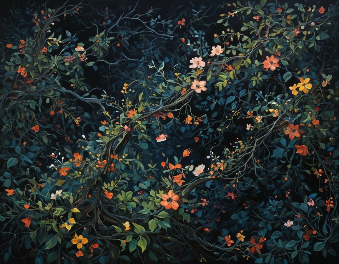 Surrealist Oil Painting of Blooming Vines at Dawn
