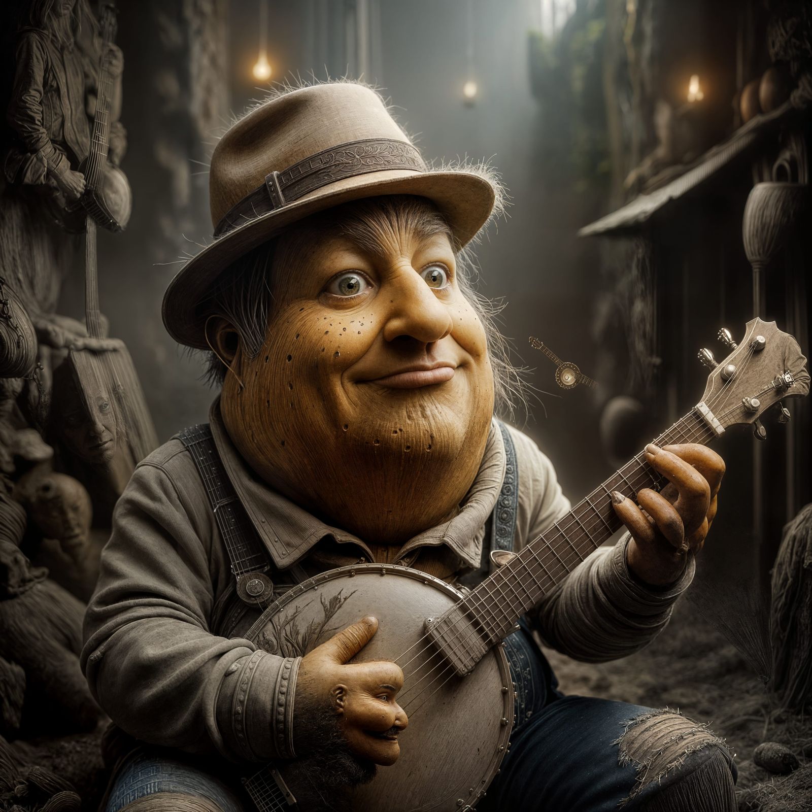 Anthropomorphic Potato Man Plays Banjo in Sepia Photo
