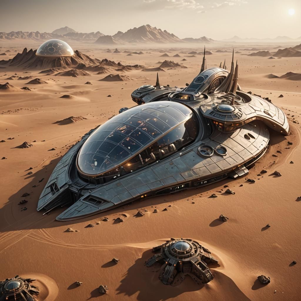 Hyperrealistic Alien Spaceship high above the sand planet.
O...