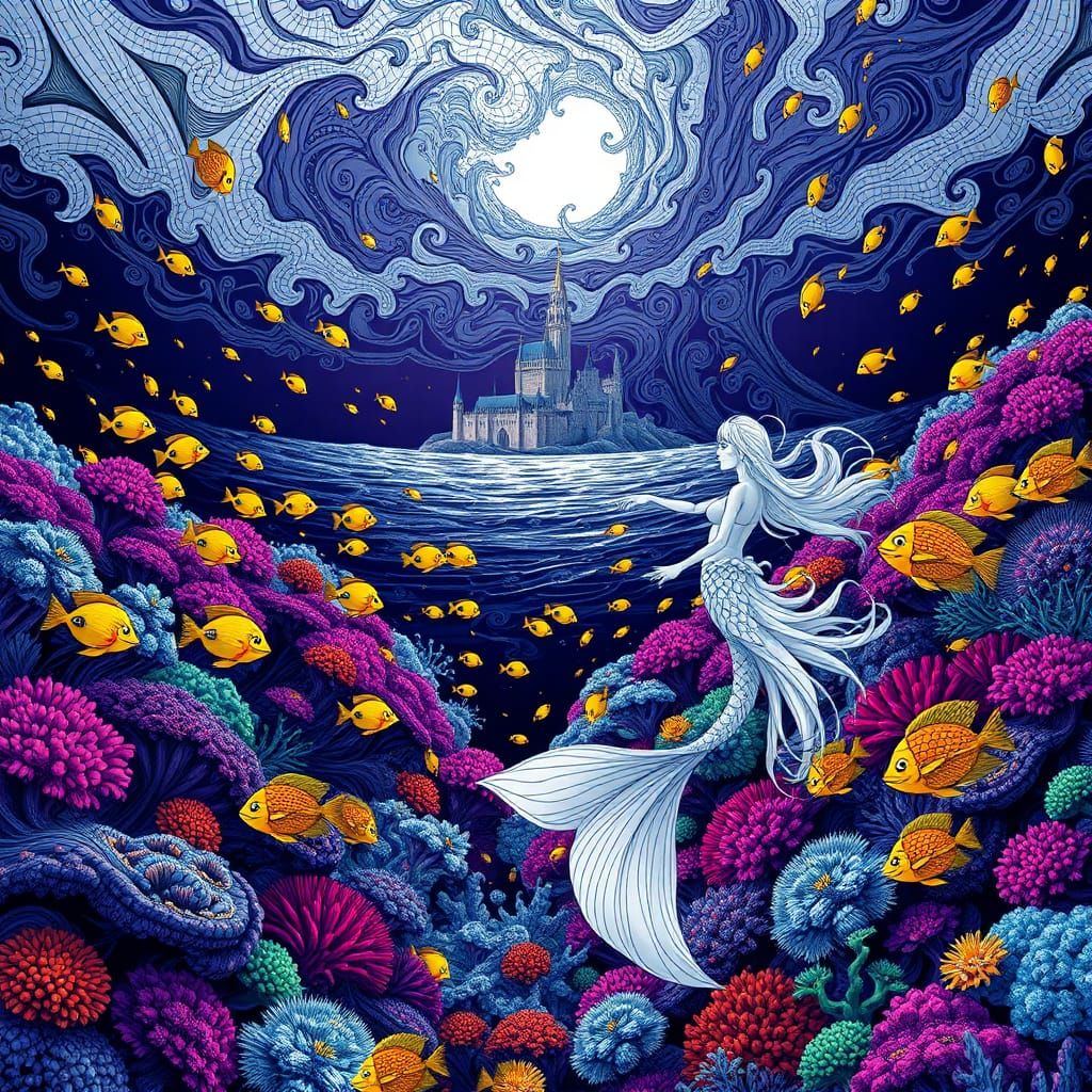 Mermaid in Zentangle Coral Reef with Fractal Patterns