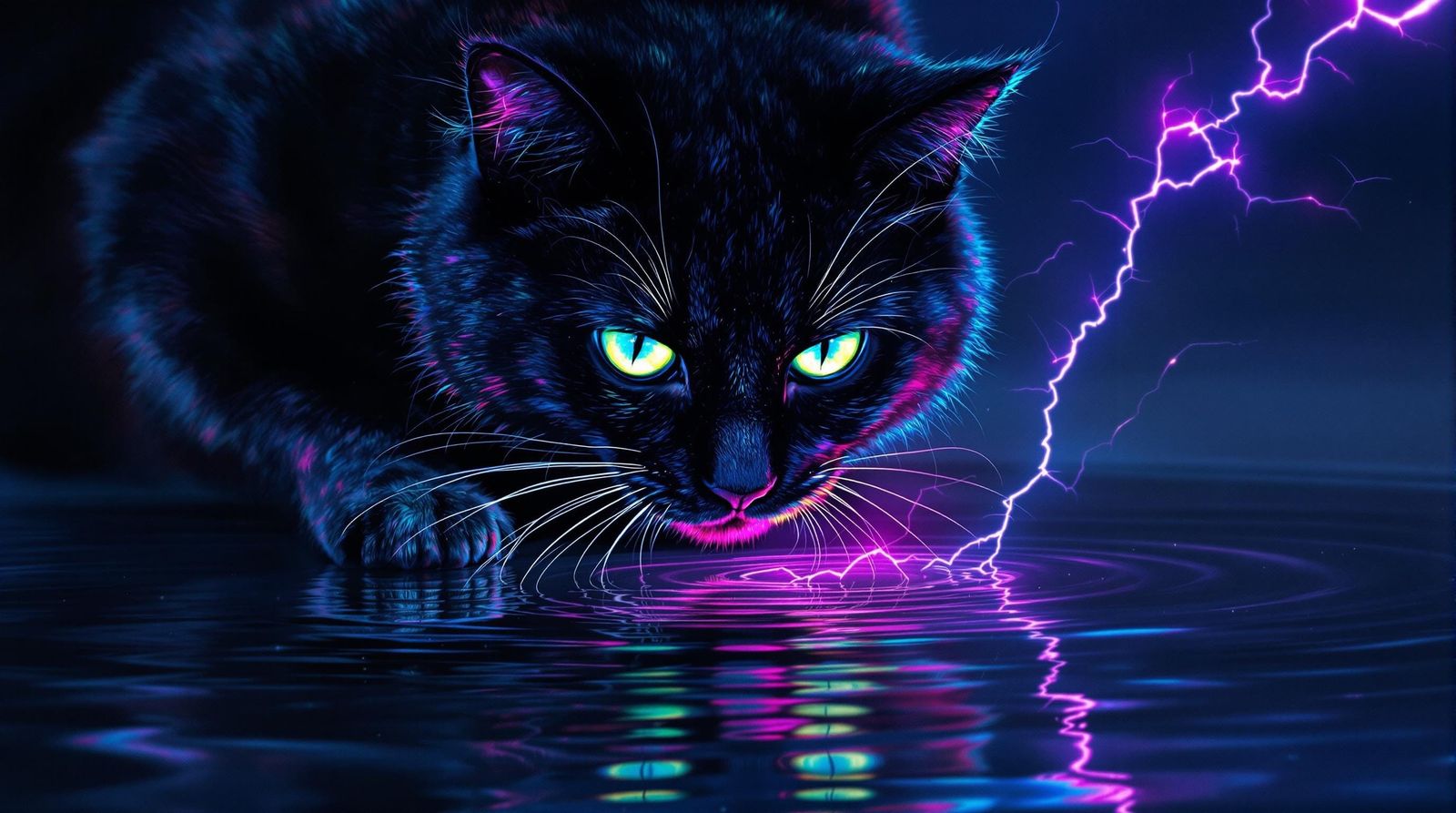 Iridescent Cat Contemplating a Neon Dreamscape