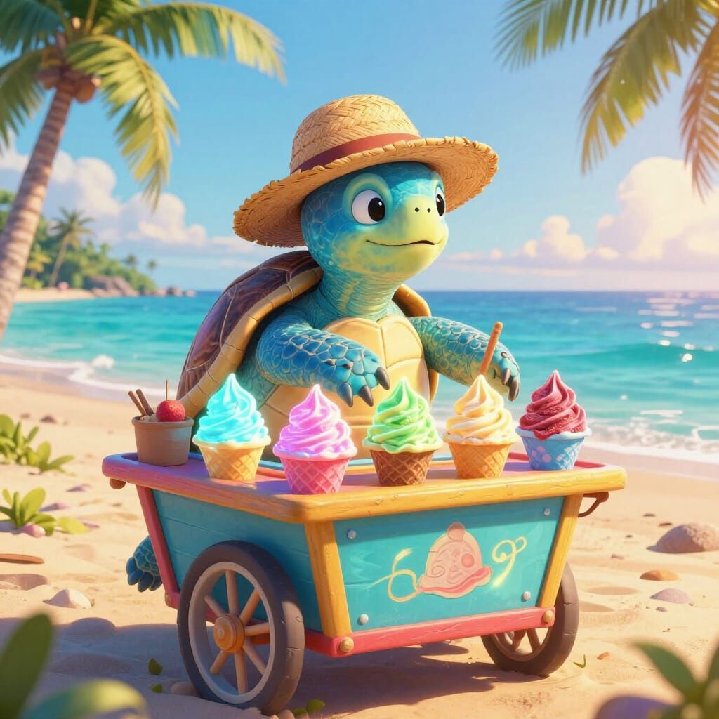 Wise Blue Turtle Sells Bioluminescent Ice Cream on Beach