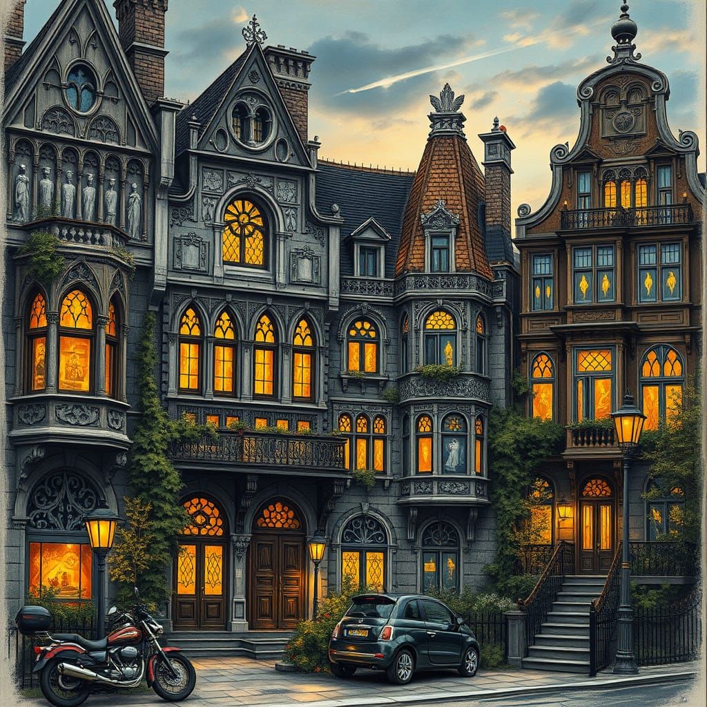 Hyperdetailed Charcoal Drawings of Ornate Houses at Dusk
