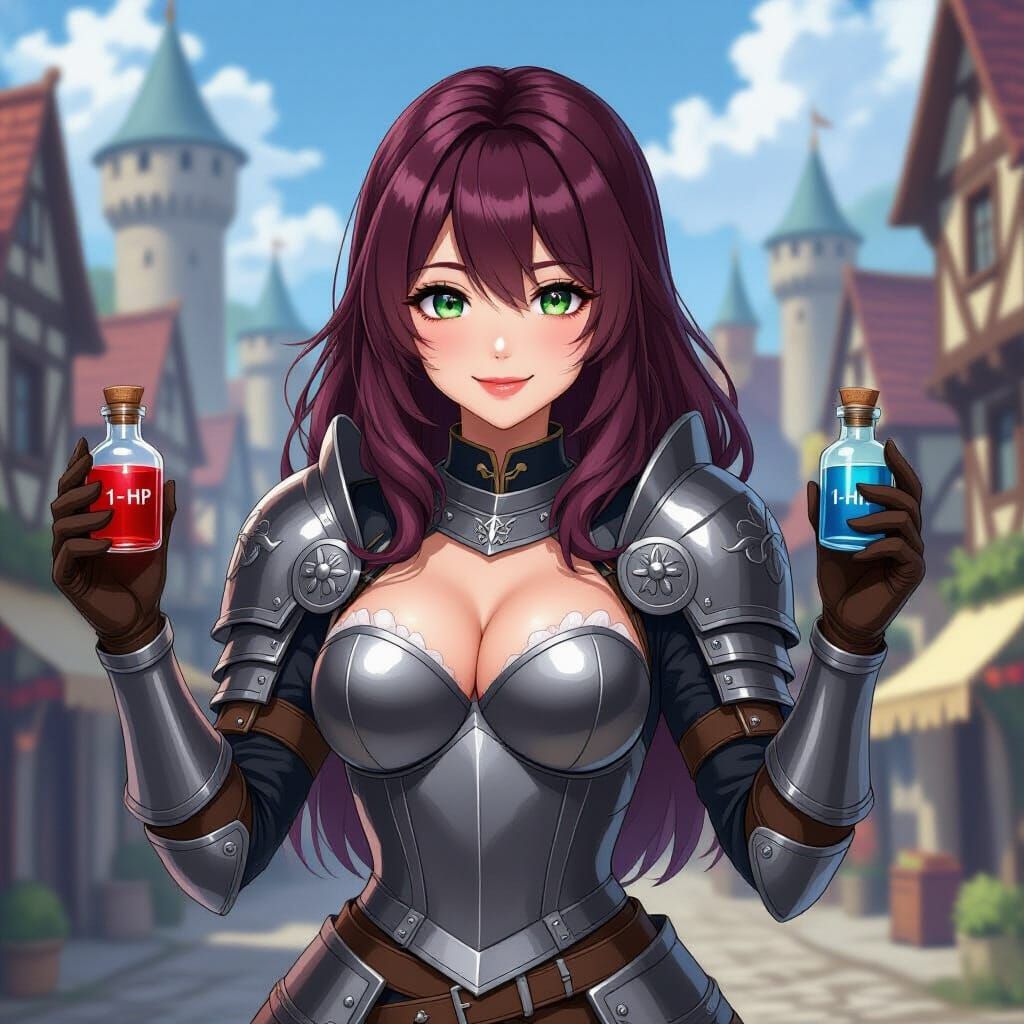 Anime Knight Woman With HP Potions in Medieval City