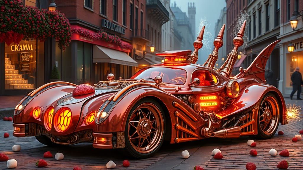 Steampunk Strawberry Deusenberg in Whimsical Dreamscape